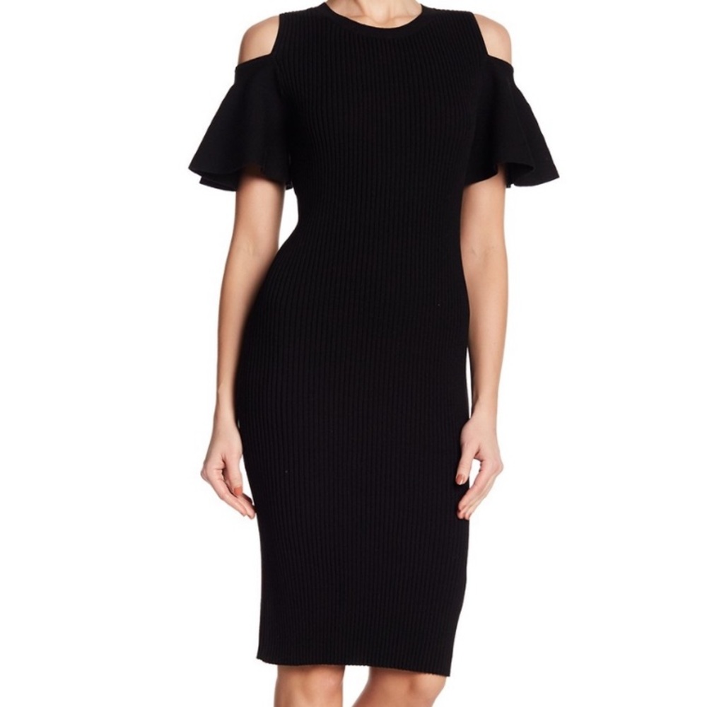 Club Monaco black fitted knit dress, open shoulder. Excellent for work.